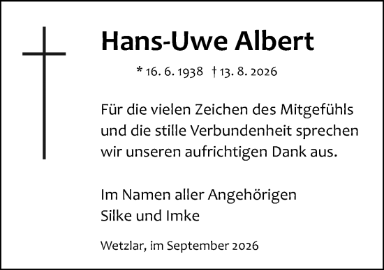 Traueranzeige von Hans-Uwe Albert von Wetzlarer Neue Zeitung