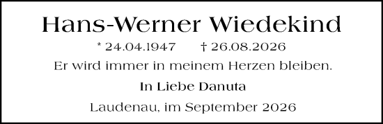 Traueranzeige von Hans-Werner Wiedekind von Darmstädter Echo