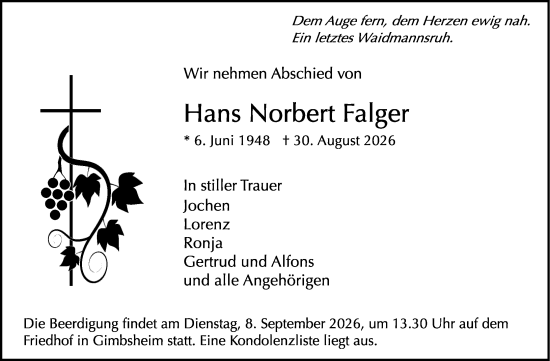 Traueranzeige von Hans Norbert Falger von Wormser Zeitung
