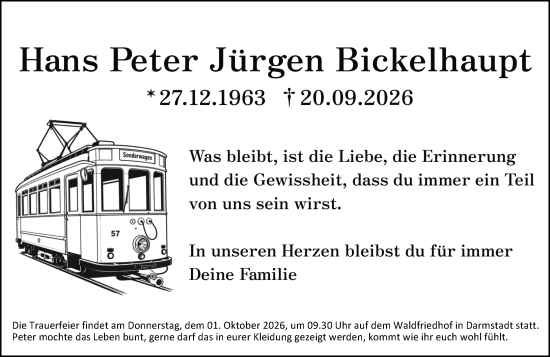 Traueranzeige von Hans Peter Jürgen Bickelhaupt von Darmstädter Echo