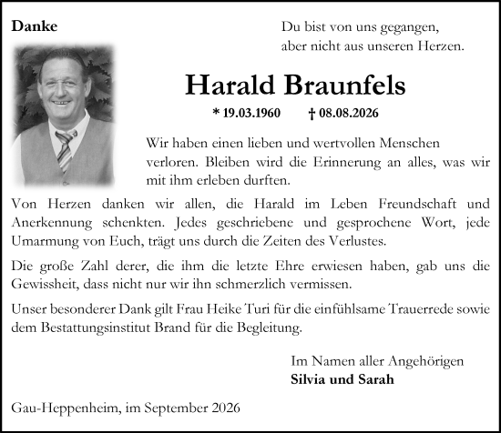 Traueranzeige von Harald Braunfels von Allgemeine Zeitung Alzey