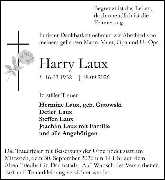 Traueranzeige von Harry Laux von Darmstädter Echo