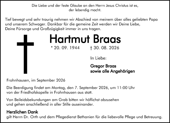 Traueranzeige von Hartmut Braas von Dill Block