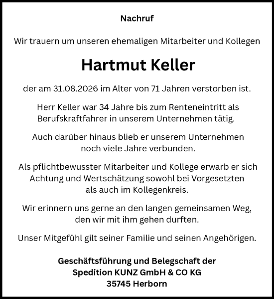 Traueranzeige von Hartmut Keller von Dill Block