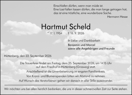 Traueranzeige von Hartmut Scheld von Wetzlarer Neue Zeitung
