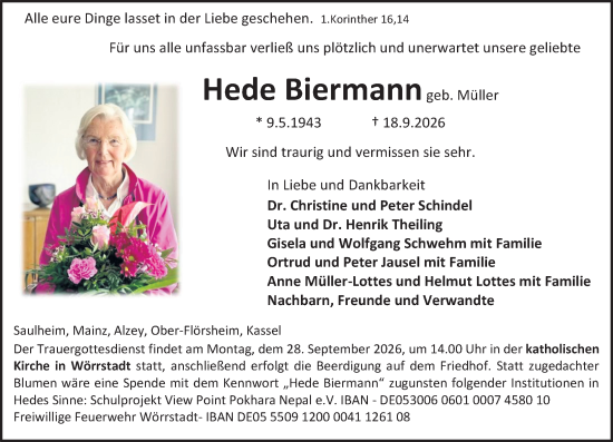 Traueranzeige von Hede Biermann von Allgemeine Zeitung Alzey