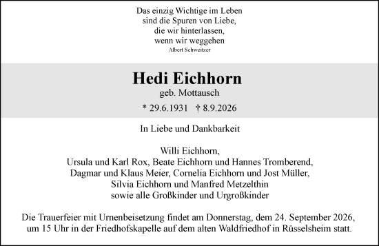 Traueranzeige von Hedi Eichhorn von Rüsselsheimer Echo