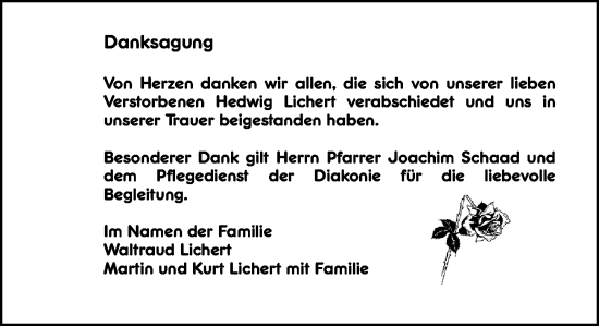 Traueranzeige von Hedwig Lichert von Weilburger Tageblatt