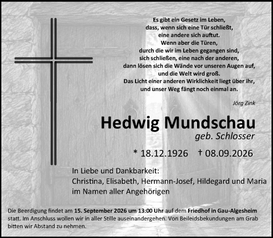 Traueranzeige von Hedwig Mundschau von Allgemeine Zeitung Rheinhessen-Nahe
