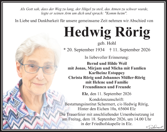Traueranzeige von Hedwig Rörig von Nassauische Neue Presse