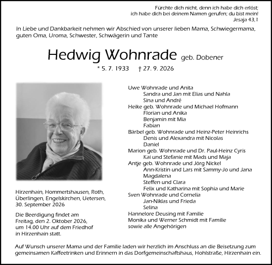Traueranzeige von Hedwig Wohnrade von Hinterländer Anzeiger