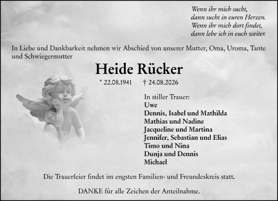 Traueranzeige von Heide Rücker von Wetzlarer Neue Zeitung