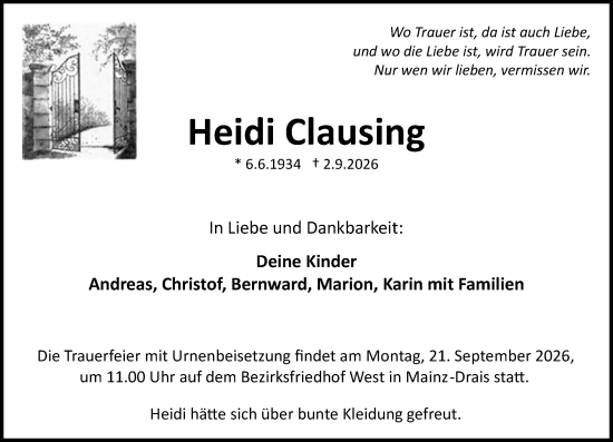 Traueranzeige von Heidi Clausing von Allgemeine Zeitung Mainz
