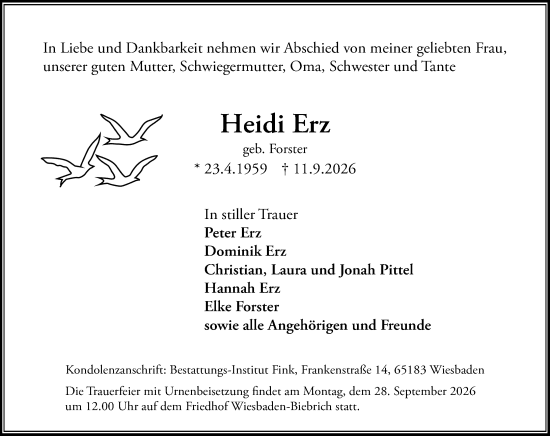 Traueranzeige von Heidi Erz von Wiesbadener Kurier