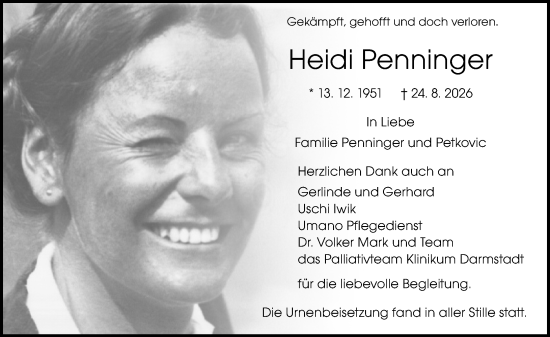 Traueranzeige von Heidi Penninger von Darmstädter Echo