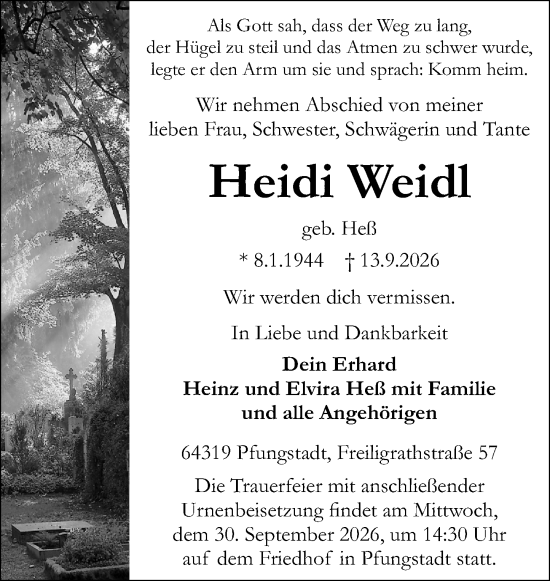 Traueranzeige von Heidi Weidl von Darmstädter Echo