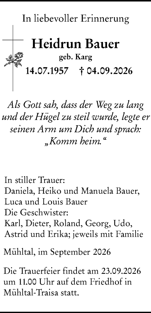 Traueranzeige von Heidrun Bauer von Darmstädter Echo