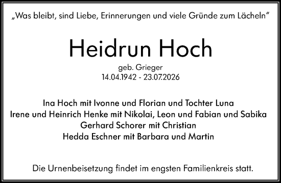 Traueranzeige von Heidrun Hoch von Wiesbadener Kurier
