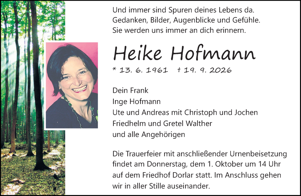  Traueranzeige für Heike Hofmann vom 26.09.2026 aus Wetzlarer Neue Zeitung