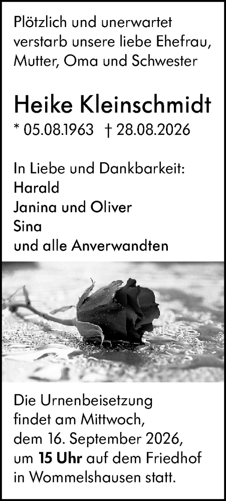Traueranzeige von Heike Kleinschmidt von Hinterländer Anzeiger