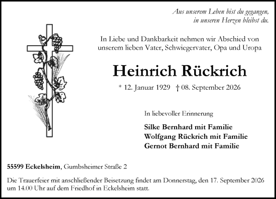 Traueranzeige von Heinrich Rückrich von Allgemeine Zeitung Alzey
