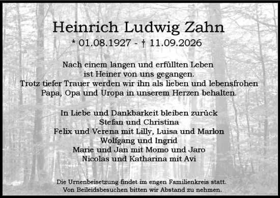 Traueranzeige von Heinrich Ludwig Zahn von Darmstädter Echo