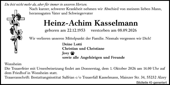 Traueranzeige von Heinz-Achim Kasselmann von Allgemeine Zeitung Alzey