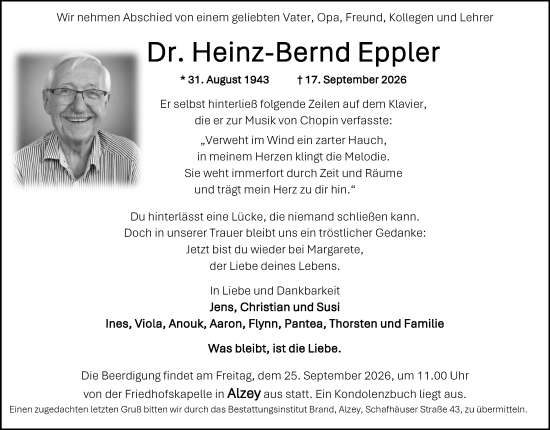 Traueranzeige von Heinz-Bernd Eppler von Allgemeine Zeitung Alzey