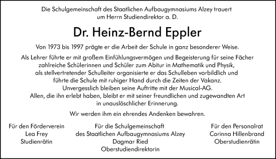 Traueranzeige von Heinz-Bernd Eppler von Allgemeine Zeitung Alzey