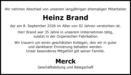 Traueranzeige von Heinz Brand von Darmstädter Echo