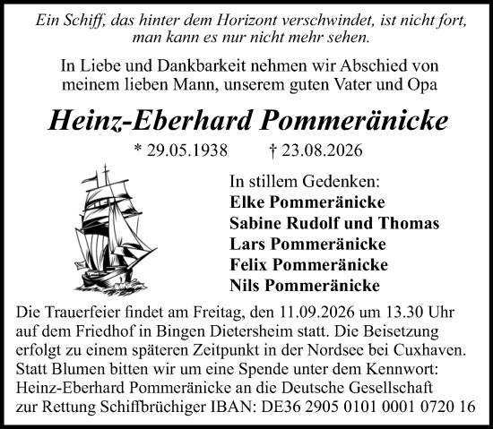 Traueranzeige von Heinz-Eberhard Pommeränicke von Binger-/Ingelheimer Wochenblatt
