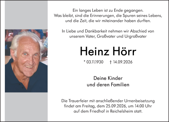 Traueranzeige von Heinz Hörr von Odenwälder Echo
