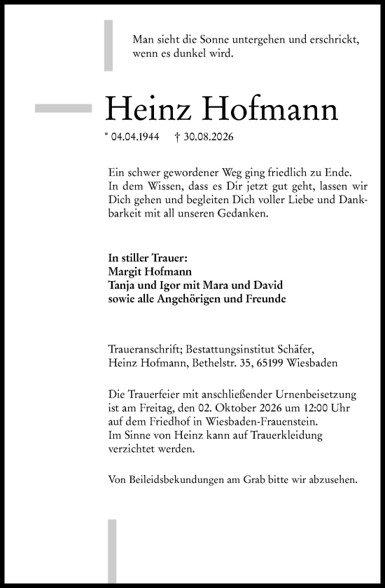 Traueranzeige von Heinz Hofmann von Wiesbadener Kurier
