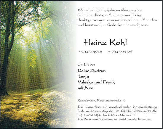 Traueranzeige von Heinz Kohl von Rüsselsheimer Echo
