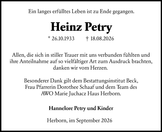Traueranzeige von Heinz Petry von Dill Block