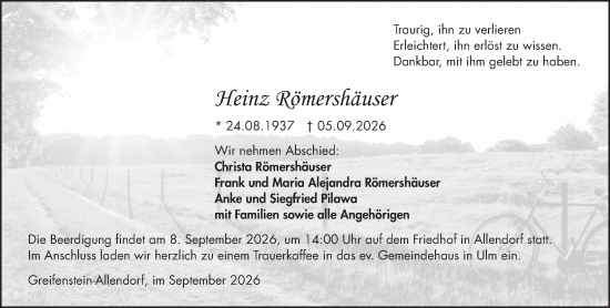 Traueranzeige von Heinz Römershäuser von Wetzlarer Neue Zeitung