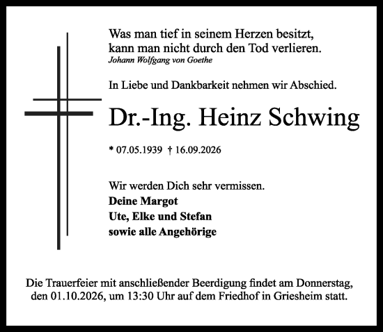 Traueranzeige von Heinz Schwing von Darmstädter Echo