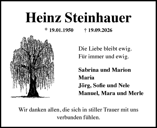 Traueranzeige von Heinz Steinhauer von Wiesbadener Kurier