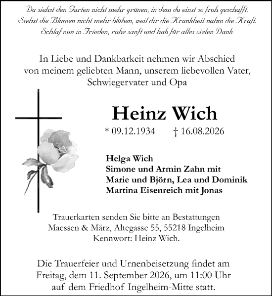 Traueranzeige von Heinz Wich von Allgemeine Zeitung Rheinhessen-Nahe