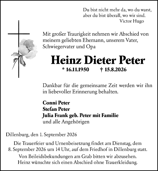 Traueranzeige von Heinz Dieter Peter von Dill Block