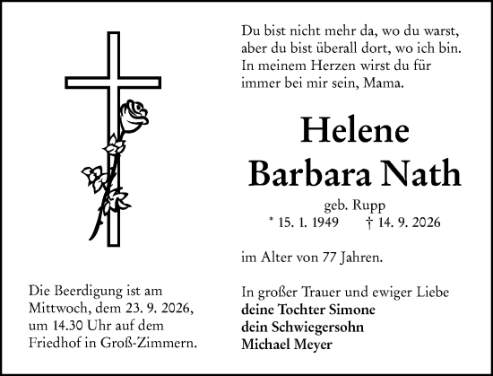 Traueranzeige von Helene Barbara Nath von Darmstädter Echo