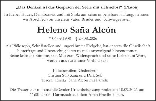 Traueranzeige von Heleno Saña Alcón von Darmstädter Echo