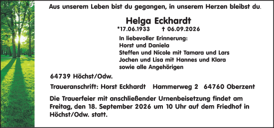 Traueranzeige von Helga Eckhardt von Odenwälder Echo