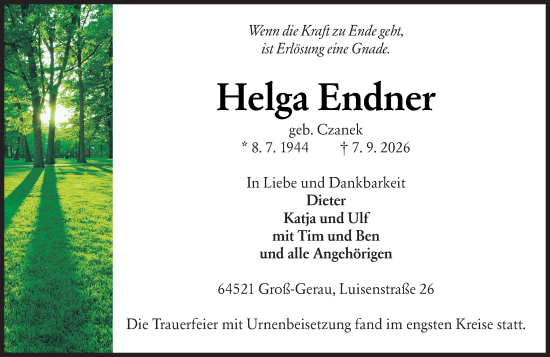 Traueranzeige von Helga Endner von Groß-Gerauer Echo