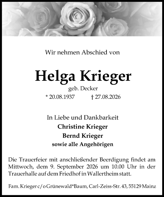 Traueranzeige von Helga Krieger von Allgemeine Zeitung Alzey