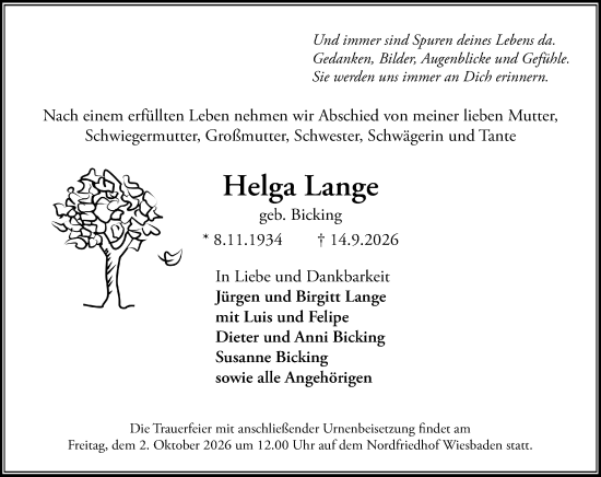 Traueranzeige von Helga Lange von Wiesbadener Kurier