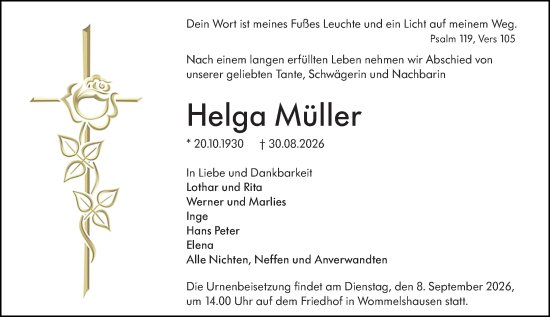 Traueranzeige von Helga Müller von Hinterländer Anzeiger