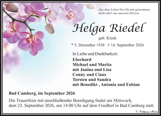 Traueranzeige von Helga Riedel von Nassauische Neue Presse