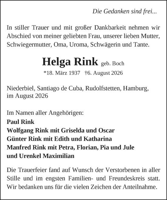 Traueranzeige von Helga Rink von Wetzlarer Neue Zeitung
