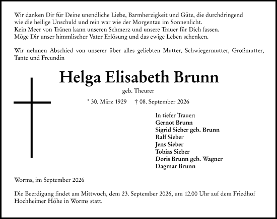 Traueranzeige von Helga Elisabeth Brunn von Wormser Zeitung